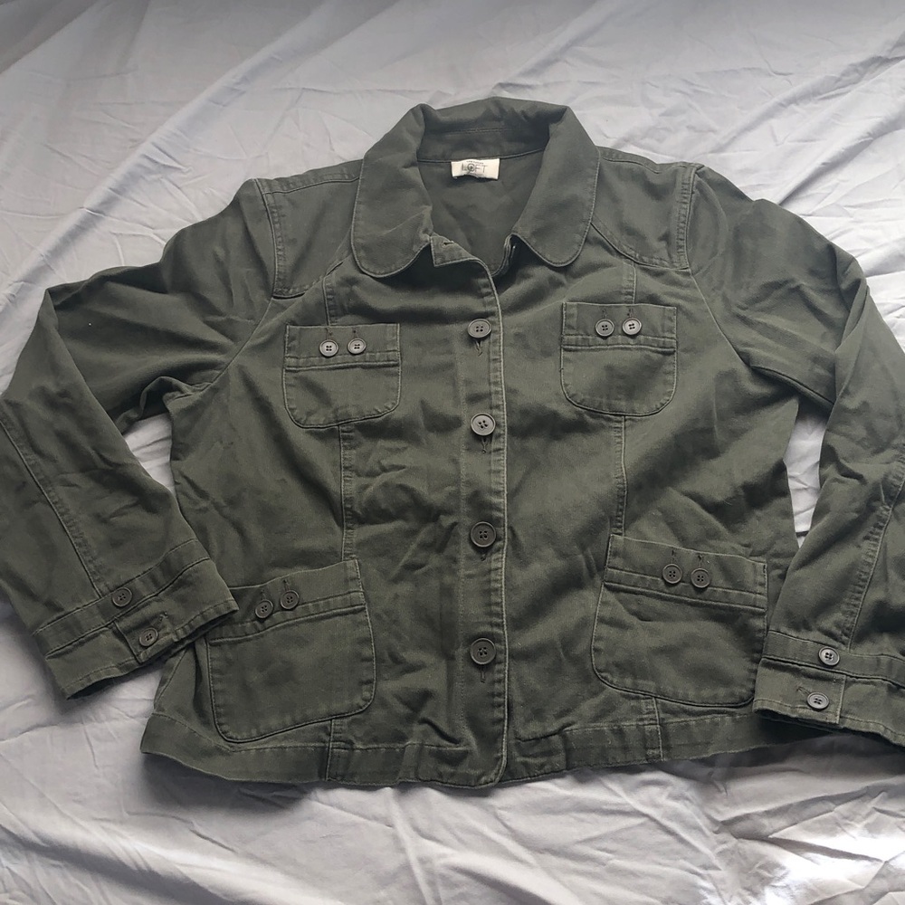 Ann Taylor 100% Cotton Olive Utility Jacket with Front Pockets Size Large